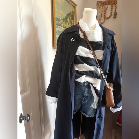 Classic Vintage Navy Blue Trench Coat or Overcoat by Sequence Size Women 13/14 - Picture 2 of 13